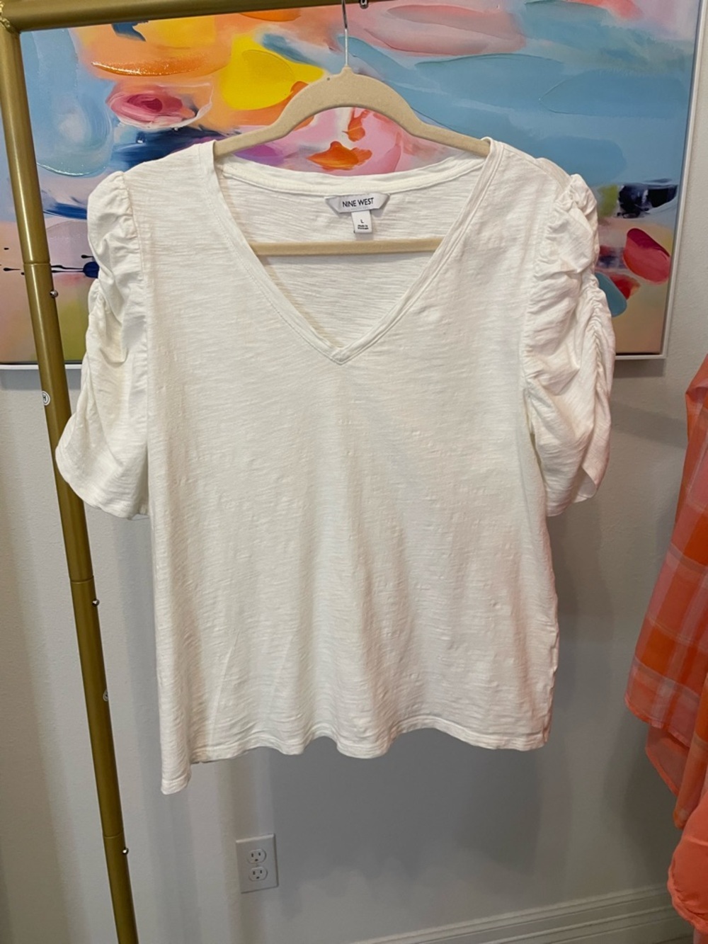 100%‎ Cotton Nine West White V-Neck Puff Sleeve Top Large